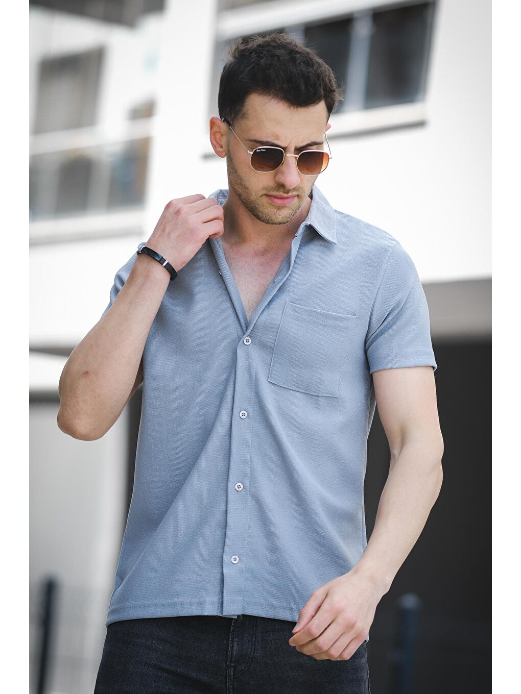 Gri Theo Slim Fit Esnek Elastanlı Kısa Kol Ayaklı Yaka Erkek Gömlek