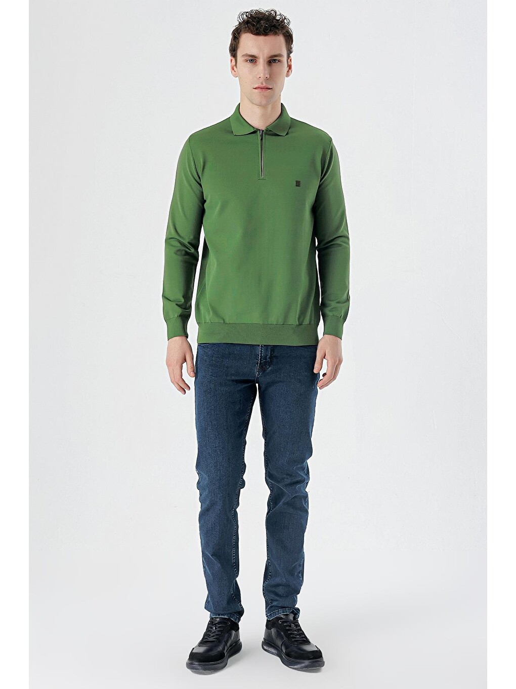 Koyu Haki Örme Polo Yaka Klasik Slim Fit Dar Kesim Triko 1012235169-3
