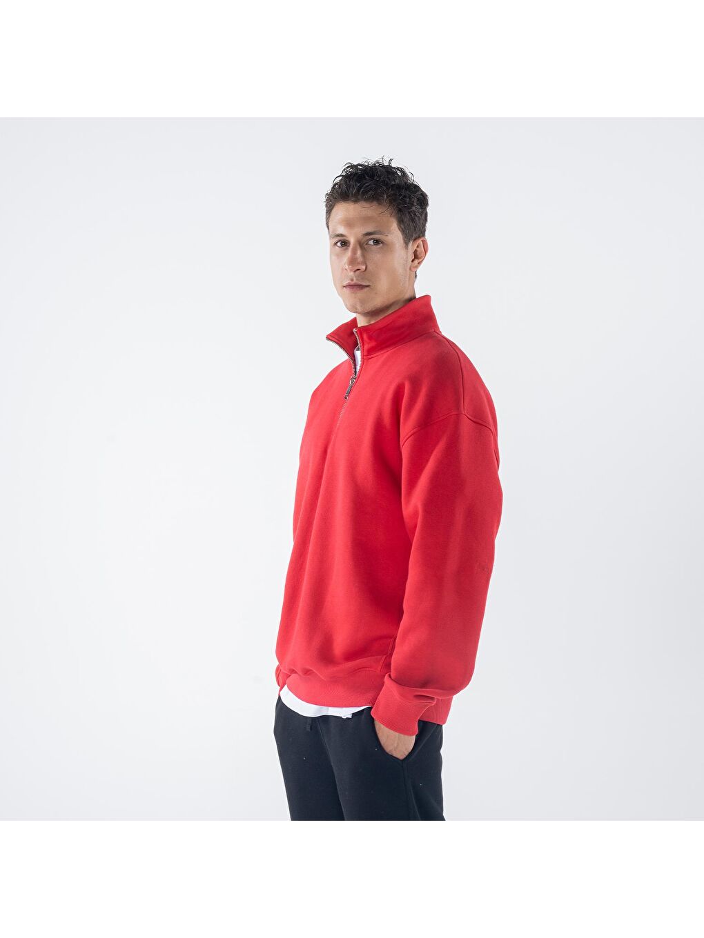 James Kırmızı Dik Yaka Oversize Yarı  Erkek Fermuarlı Sweatshirt Hırka-2