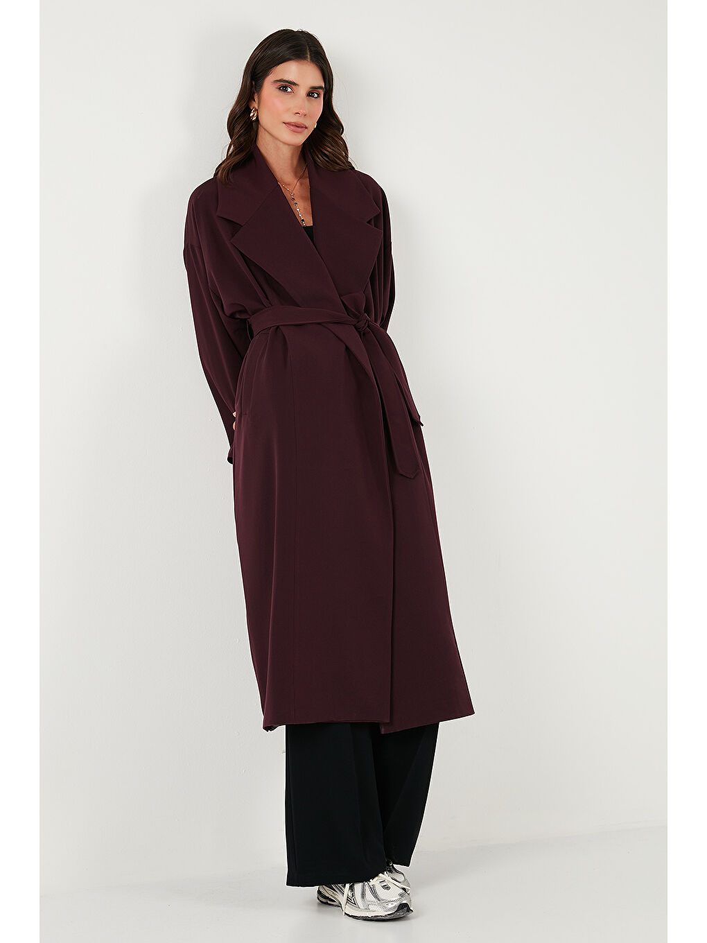 Mürdüm Oversize Fit Kruvaze Yaka Kuşaklı Astarlı Trençkot 6839617-1