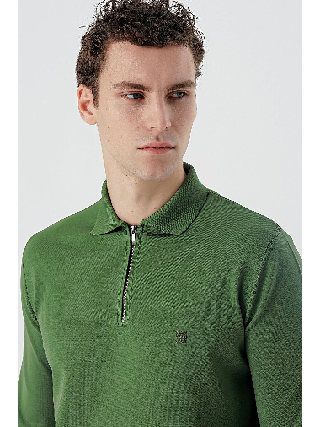 Koyu Haki Örme Polo Yaka Klasik Slim Fit Dar Kesim Triko 1012235169-4