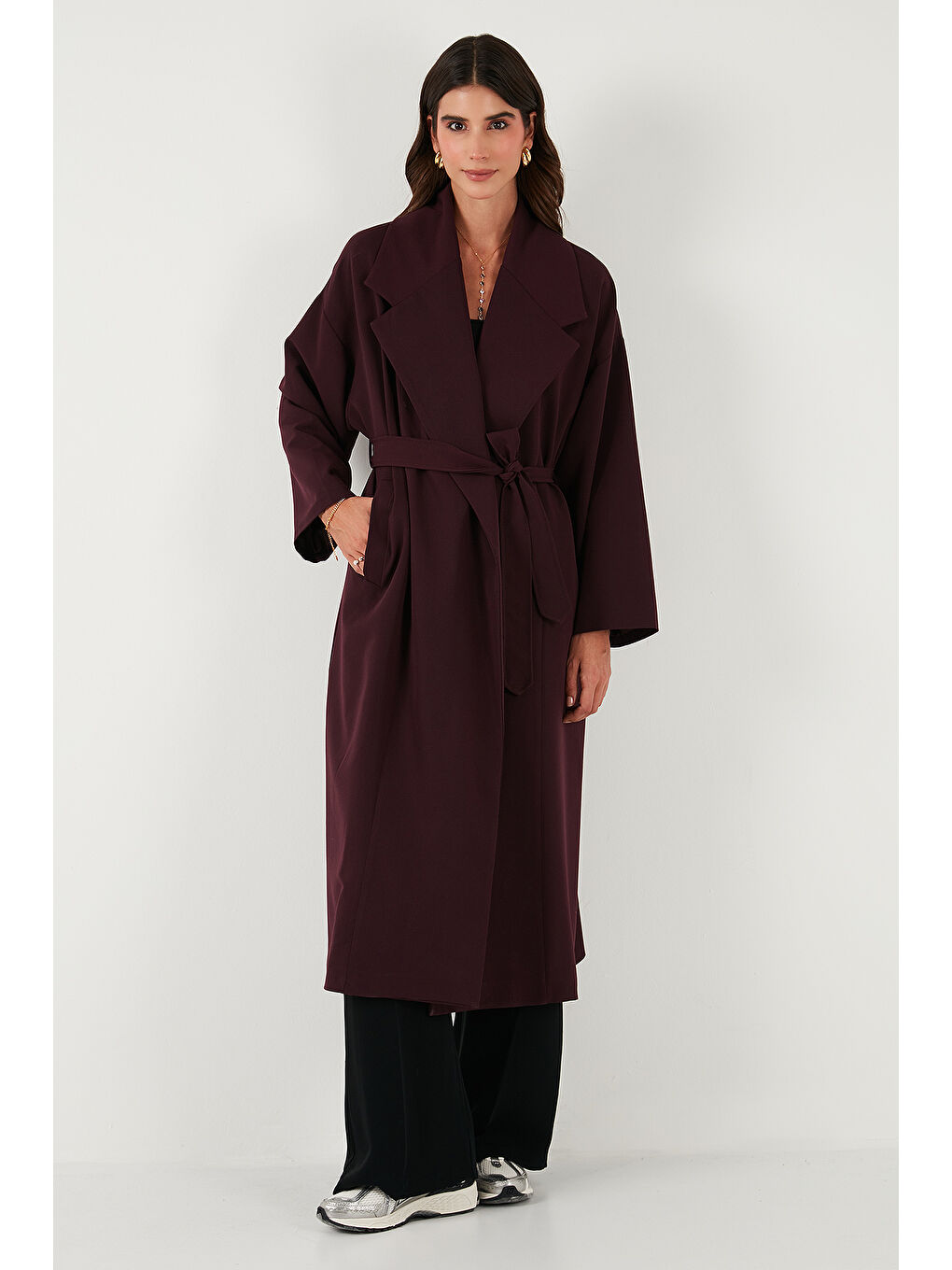 Mürdüm Oversize Fit Kruvaze Yaka Kuşaklı Astarlı Trençkot 6839617-3