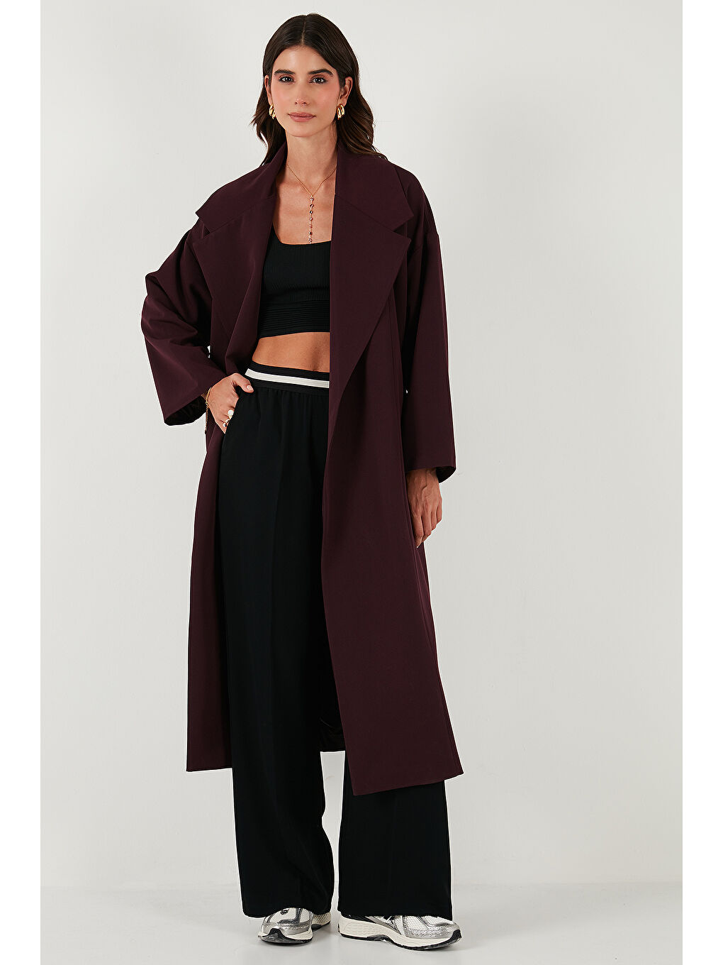 Mürdüm Oversize Fit Kruvaze Yaka Kuşaklı Astarlı Trençkot 6839617-4