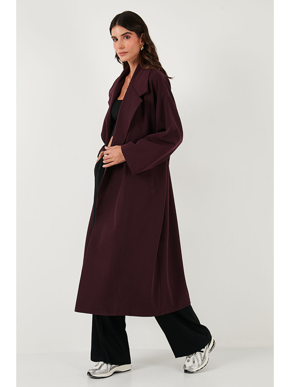 Mürdüm Oversize Fit Kruvaze Yaka Kuşaklı Astarlı Trençkot 6839617-5