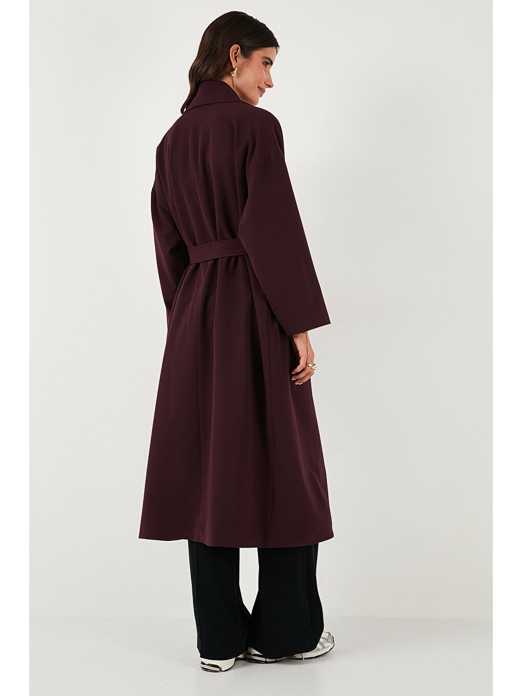 Mürdüm Oversize Fit Kruvaze Yaka Kuşaklı Astarlı Trençkot 6839617-6