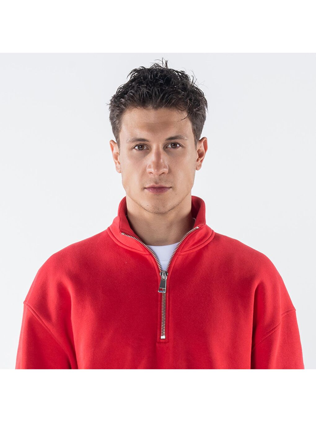 James Kırmızı Dik Yaka Oversize Yarı  Erkek Fermuarlı Sweatshirt Hırka-3