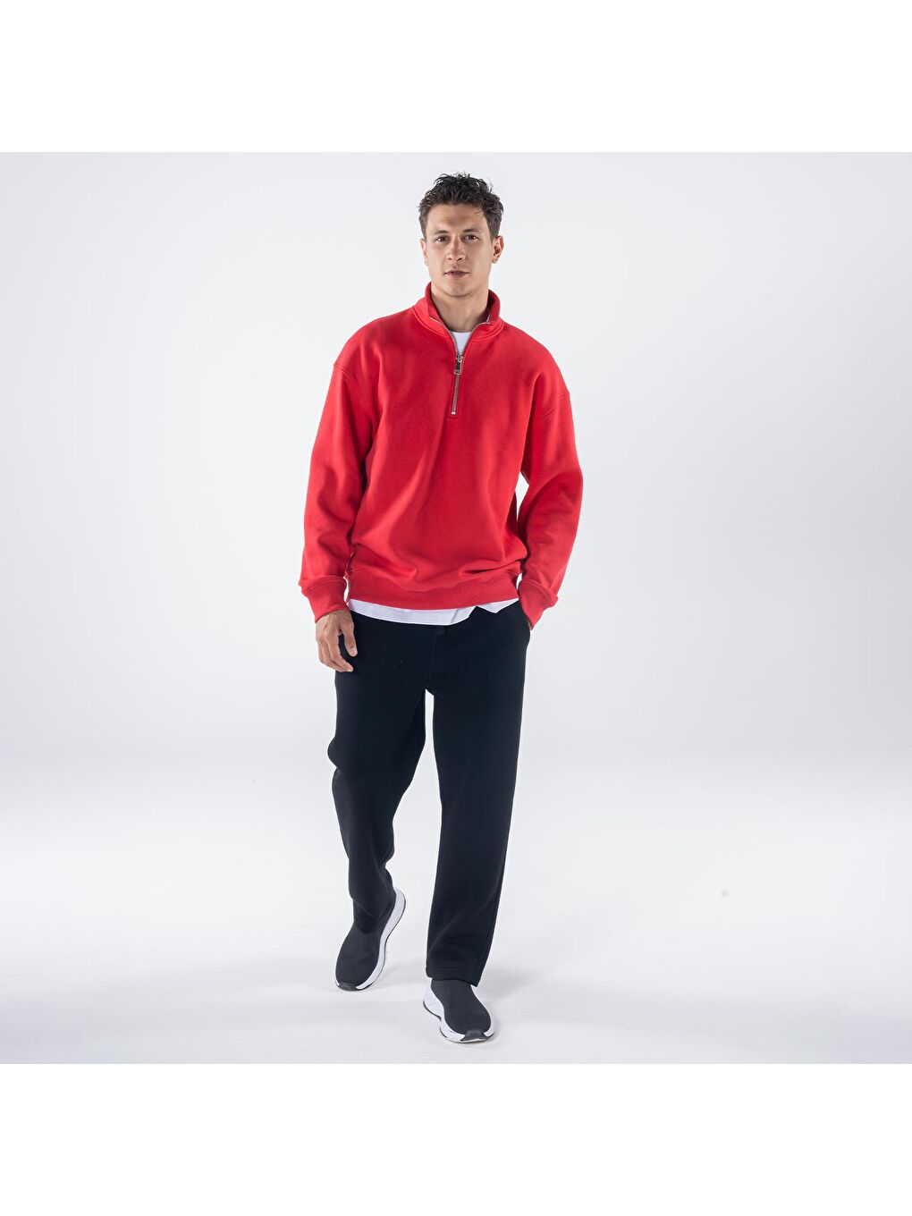 James Kırmızı Dik Yaka Oversize Yarı  Erkek Fermuarlı Sweatshirt Hırka-4