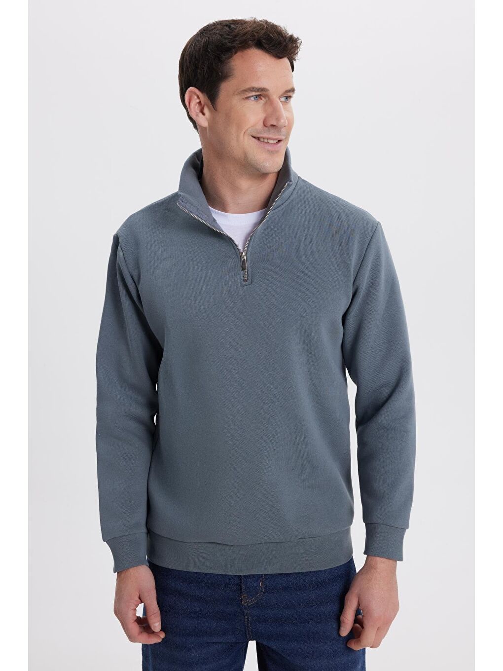 Unisex Relax Fit Rahat Kesim Pamuklu İçi Polarlı Yarım Fermuarlı Gri Dik Yaka Sweatshirt