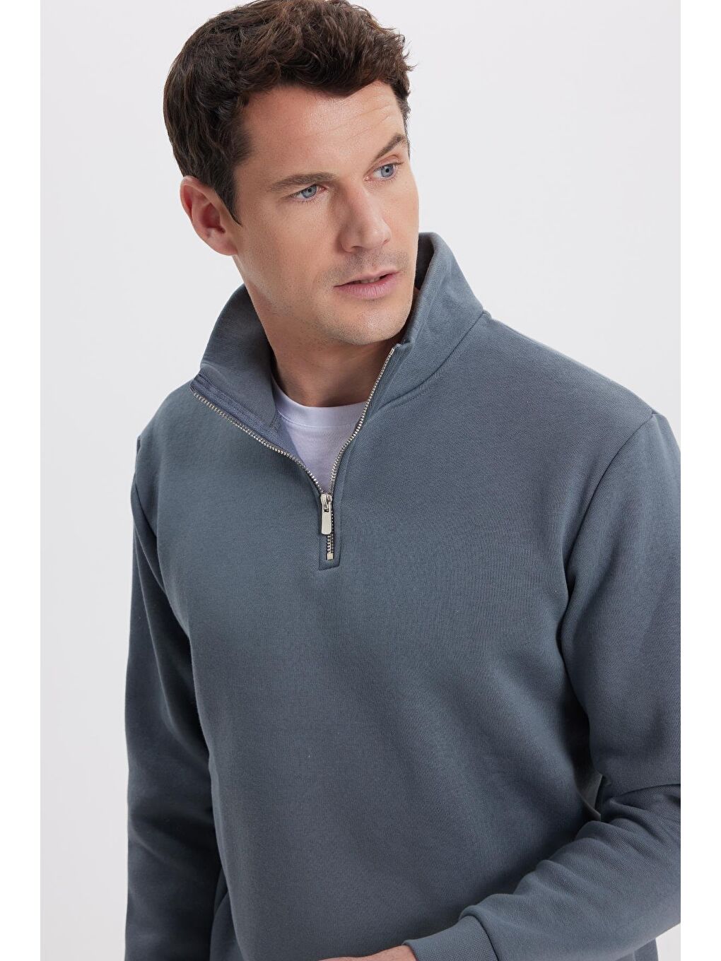 Unisex Relax Fit Rahat Kesim Pamuklu İçi Polarlı Yarım Fermuarlı Gri Dik Yaka Sweatshirt-1