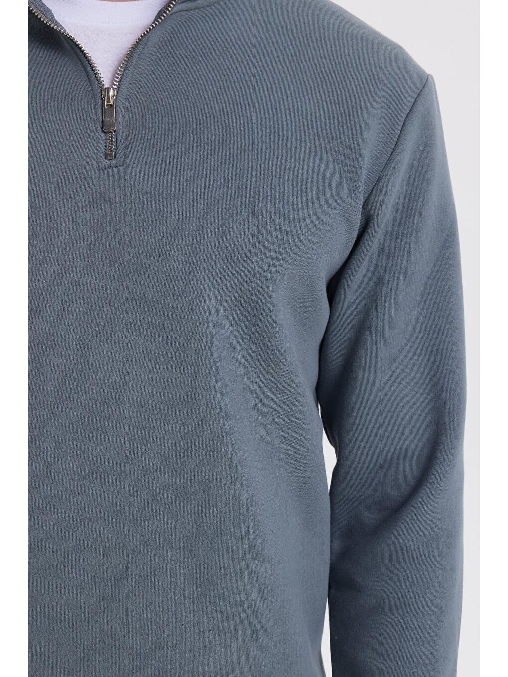 Unisex Relax Fit Rahat Kesim Pamuklu İçi Polarlı Yarım Fermuarlı Gri Dik Yaka Sweatshirt-2