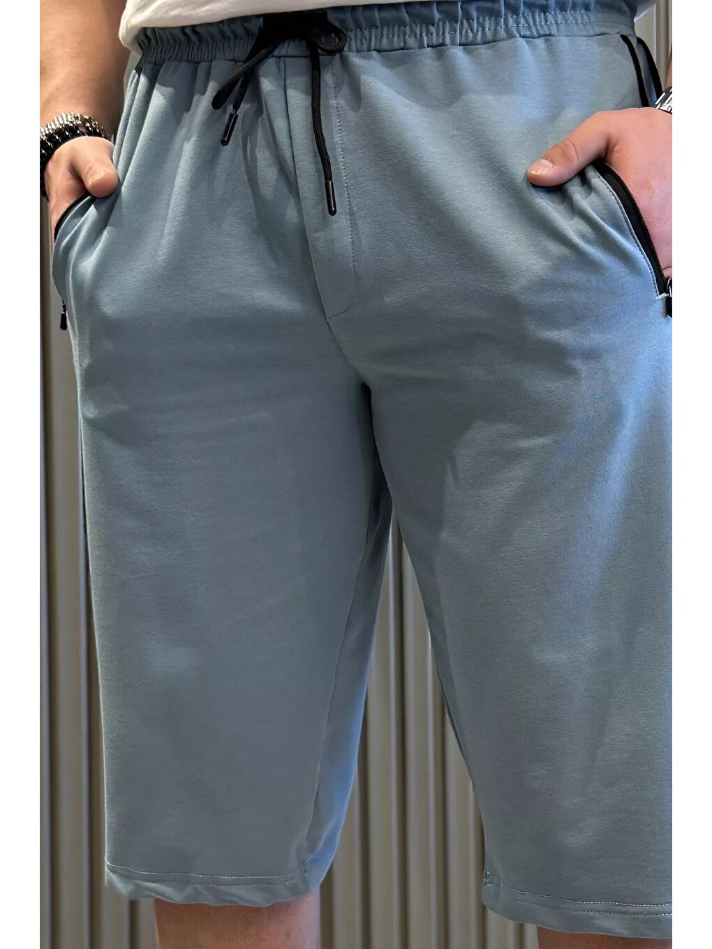 Mavi Cep Fermuarlı Yan Şeritli Erkek Kapri-3