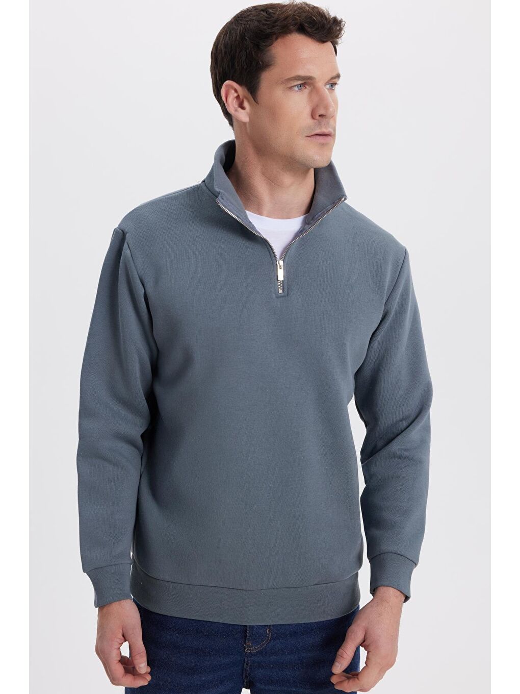 Unisex Relax Fit Rahat Kesim Pamuklu İçi Polarlı Yarım Fermuarlı Gri Dik Yaka Sweatshirt-4