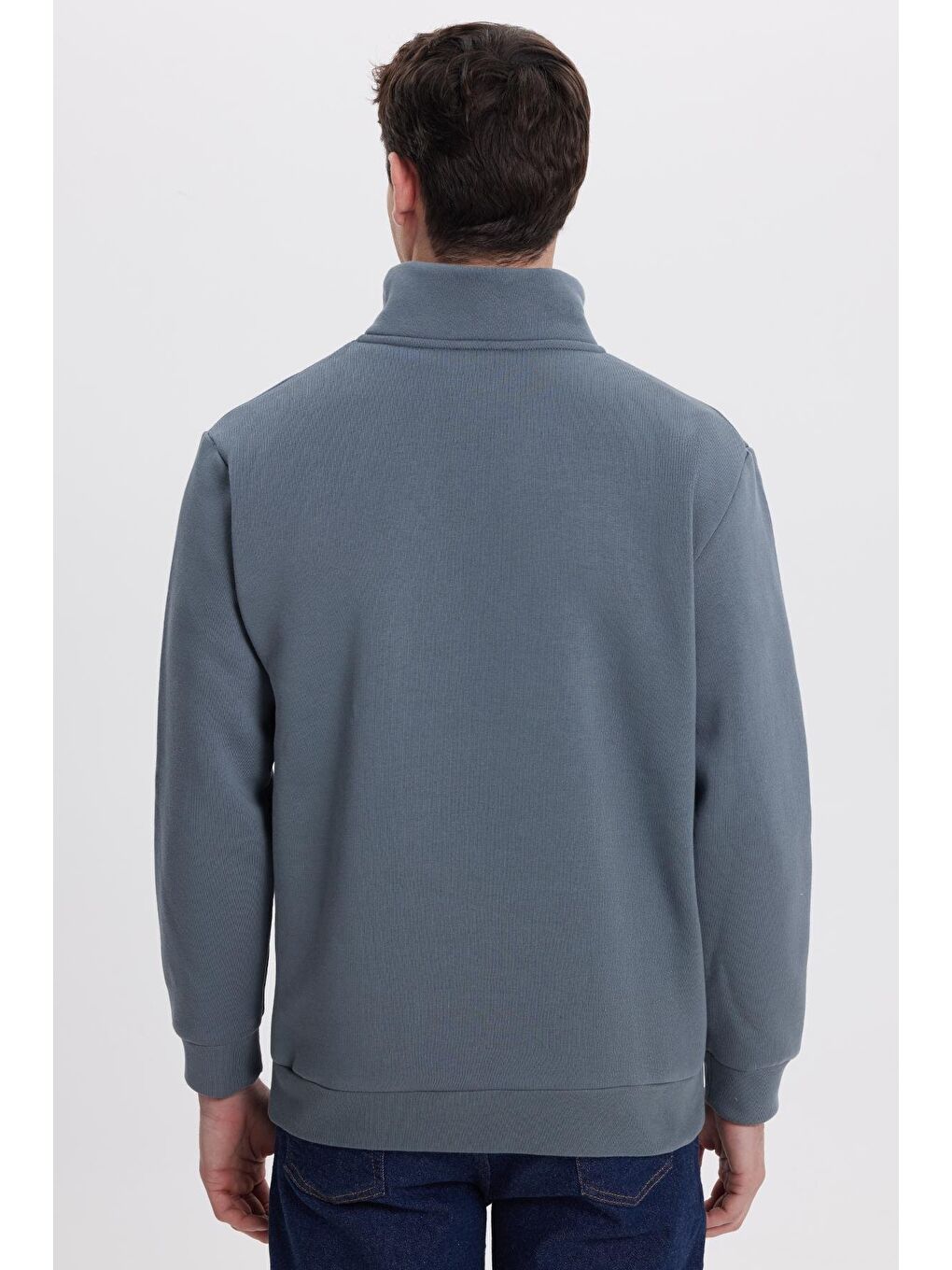 Unisex Relax Fit Rahat Kesim Pamuklu İçi Polarlı Yarım Fermuarlı Gri Dik Yaka Sweatshirt-6