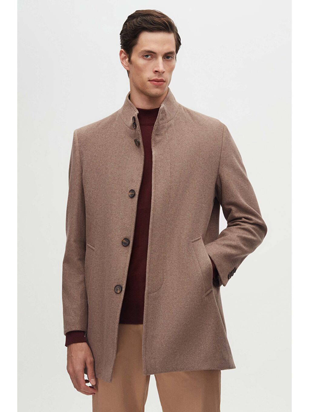 Bej Regular Fit Vizon Hakim Yaka Kaşe Kaban-1