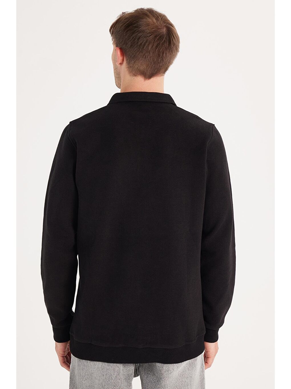 Erkek Standart Fit Pamuklu Selanik Kumaş Yarım Fermuarlı Polo Yaka Baskılı Siyah Sweatshirt-4