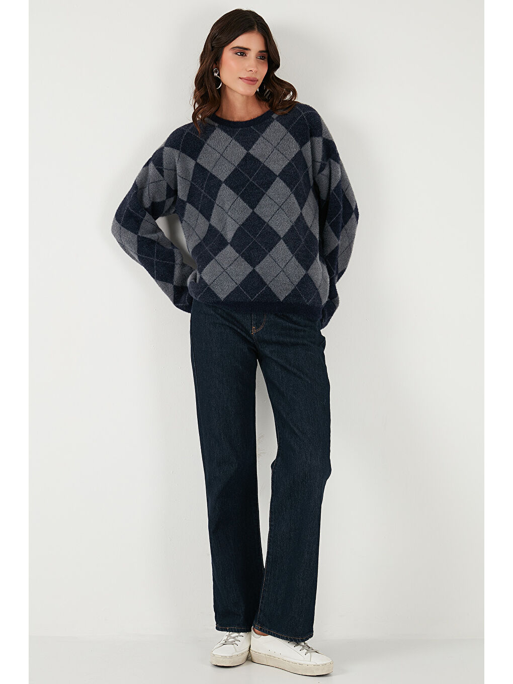 Lacivert Baklava Desenli Oversize Bisiklet Yaka Yumuşak Dokulu Kazak 4616262-1