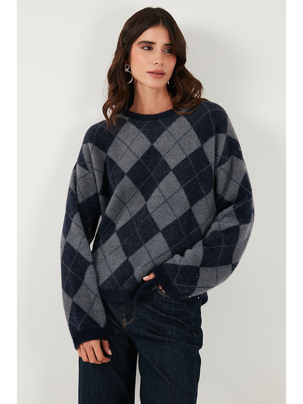 Lacivert Baklava Desenli Oversize Bisiklet Yaka Yumuşak Dokulu Kazak 4616262-2