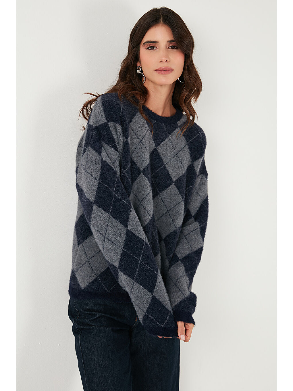 Lacivert Baklava Desenli Oversize Bisiklet Yaka Yumuşak Dokulu Kazak 4616262-3