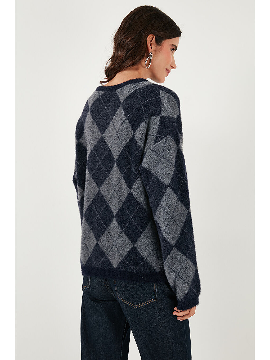 Lacivert Baklava Desenli Oversize Bisiklet Yaka Yumuşak Dokulu Kazak 4616262-4