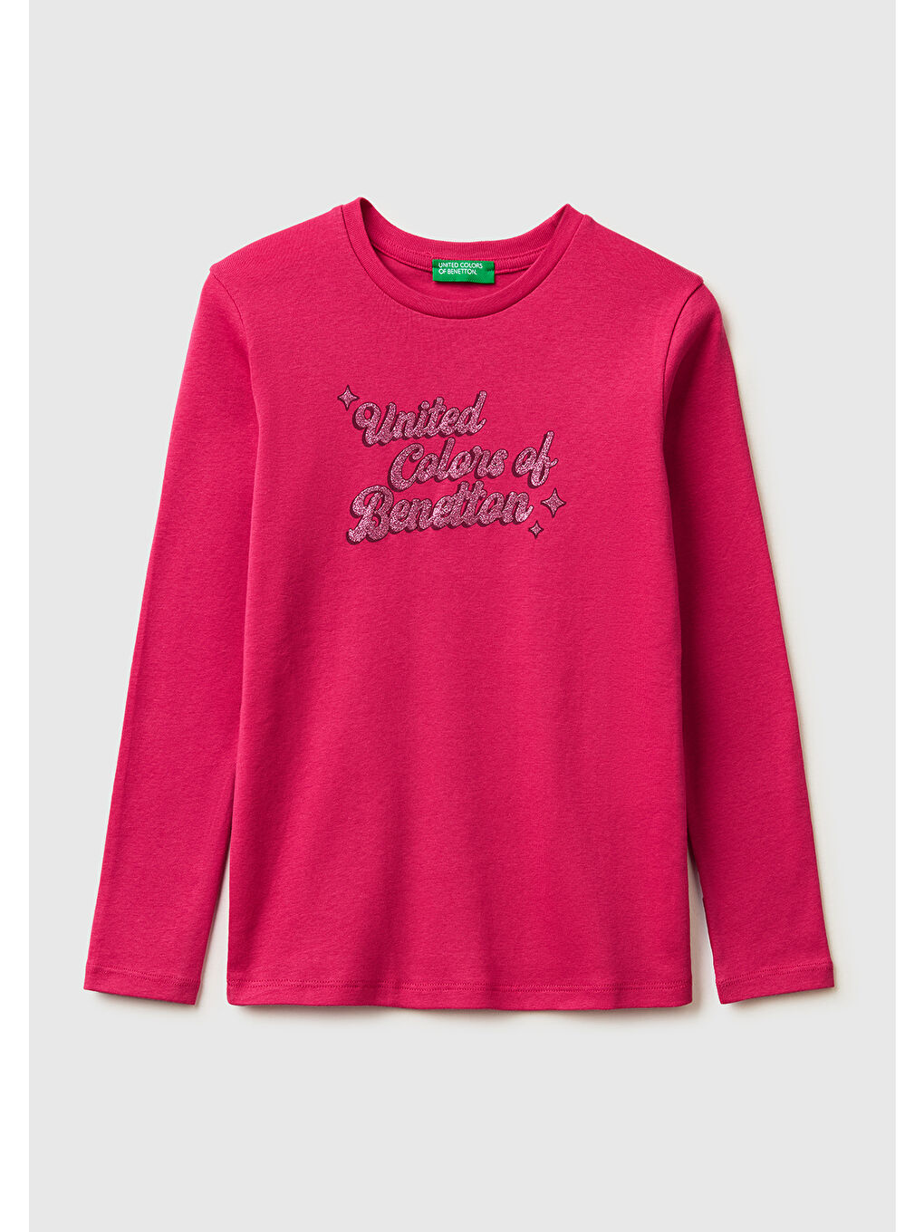 Kız Çocuk Koyu Pembe Simli Logo Detaylı Bisiklet Yaka Uzun Kollu T-Shirt