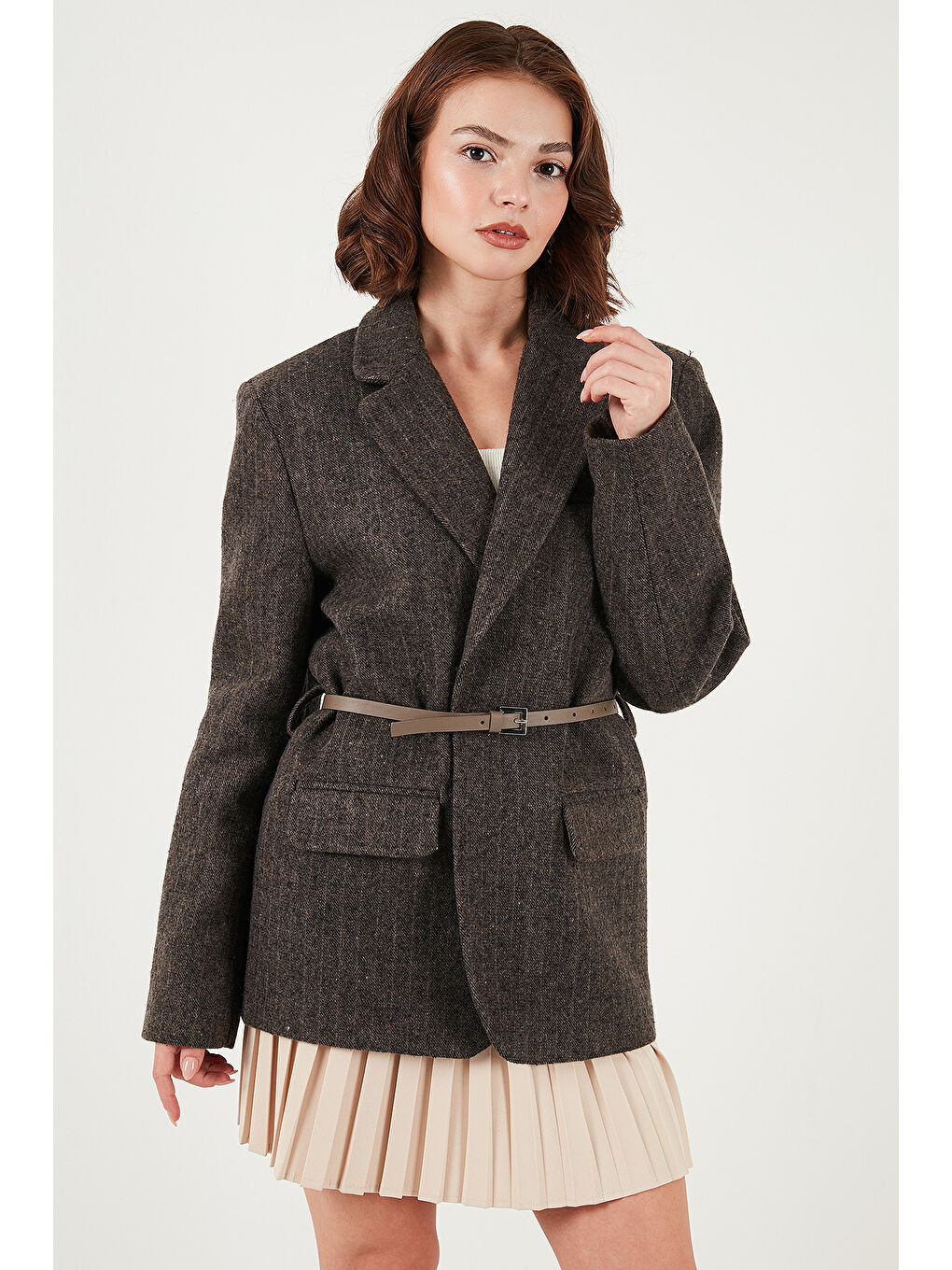 Bej Çizgili Yün Karışımlı Oversize Fit Kruvaze Yaka Kemerli Ceket 6839634-2