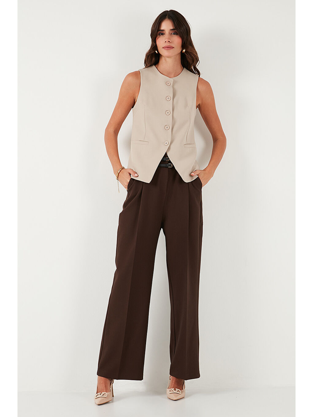 Kahverengi Wide Leg Yüksek Bel Geniş Paça Kemerli Pantolon 68351245