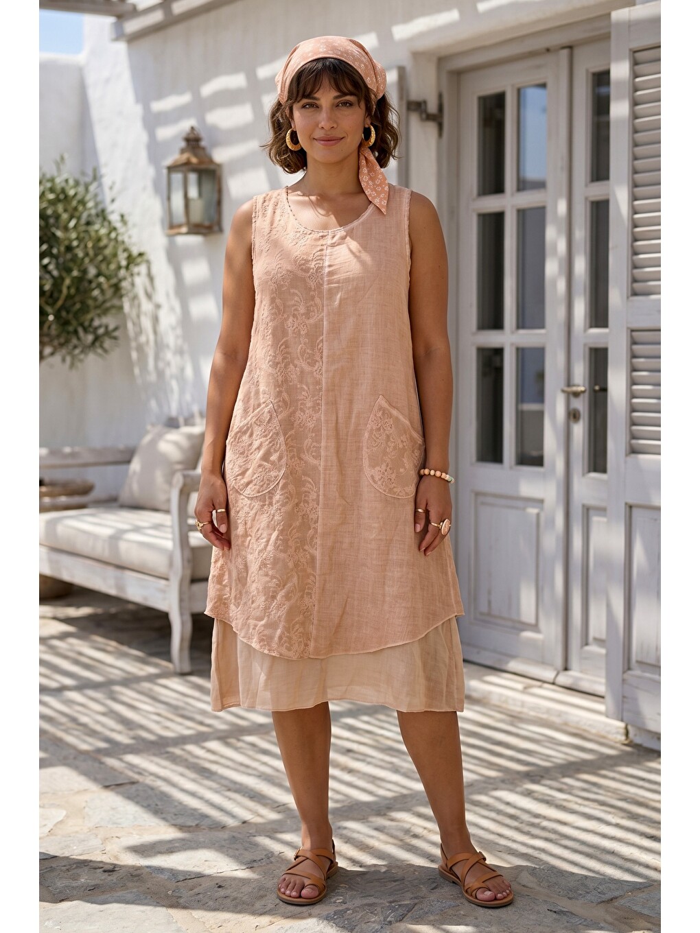 Kahverengi Camel Havuz Yaka Kolsuz Cepli Astarlı Brodeli Yıkamalı Casual Pamuklu Dokuma Elbise 115 55-2