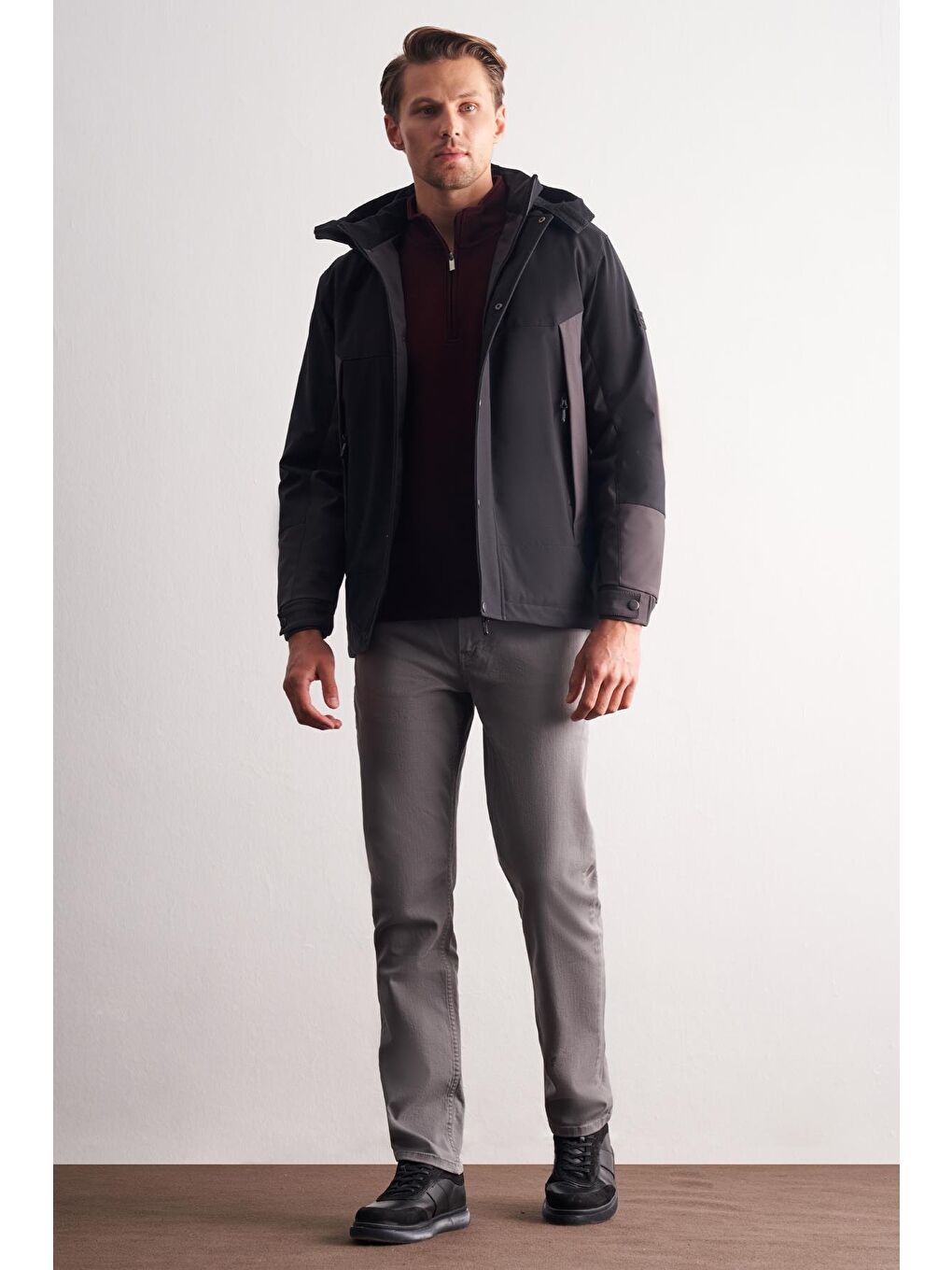 Siyah - Antrasit Kapüşonlu Yaka Bondid Yırtmaçsız Casual Mont 1007255134-1