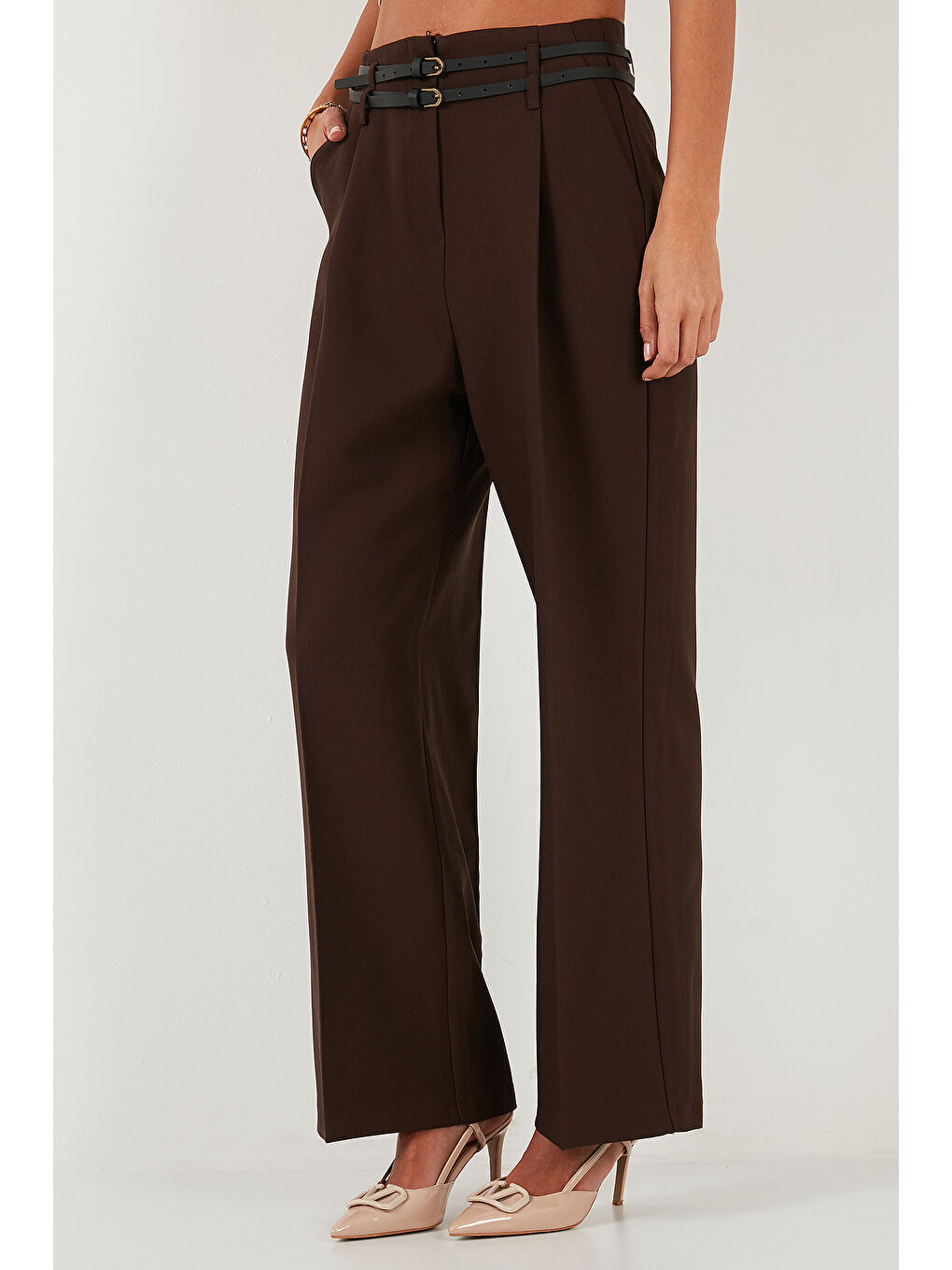 Kahverengi Wide Leg Yüksek Bel Geniş Paça Kemerli Pantolon 68351245-2