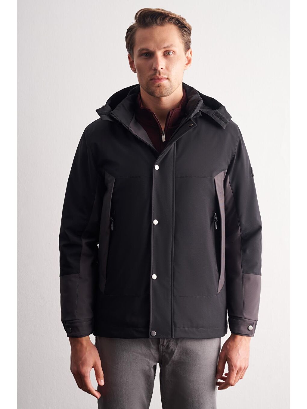 Siyah - Antrasit Kapüşonlu Yaka Bondid Yırtmaçsız Casual Mont 1007255134-2