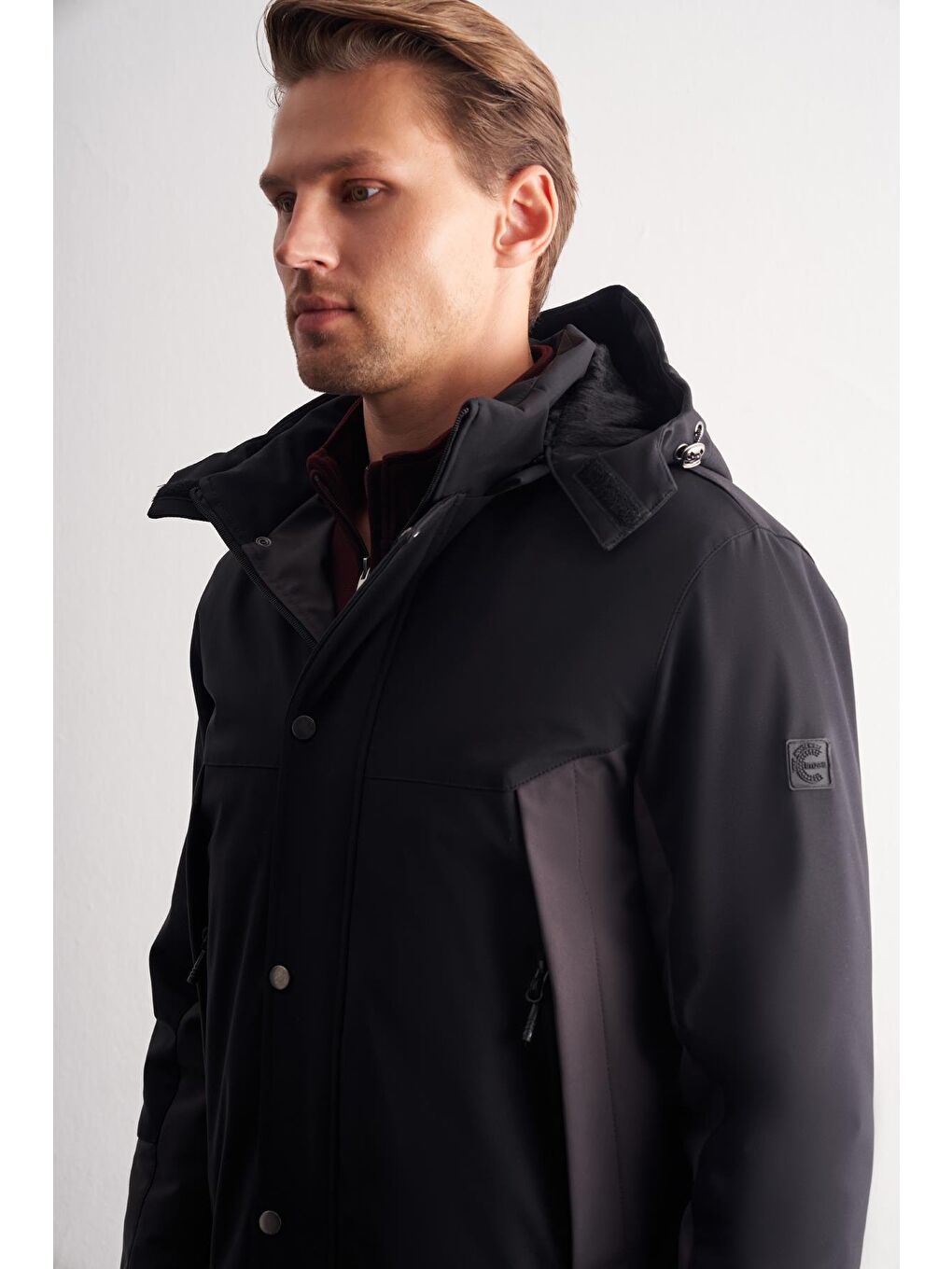 Siyah - Antrasit Kapüşonlu Yaka Bondid Yırtmaçsız Casual Mont 1007255134-3