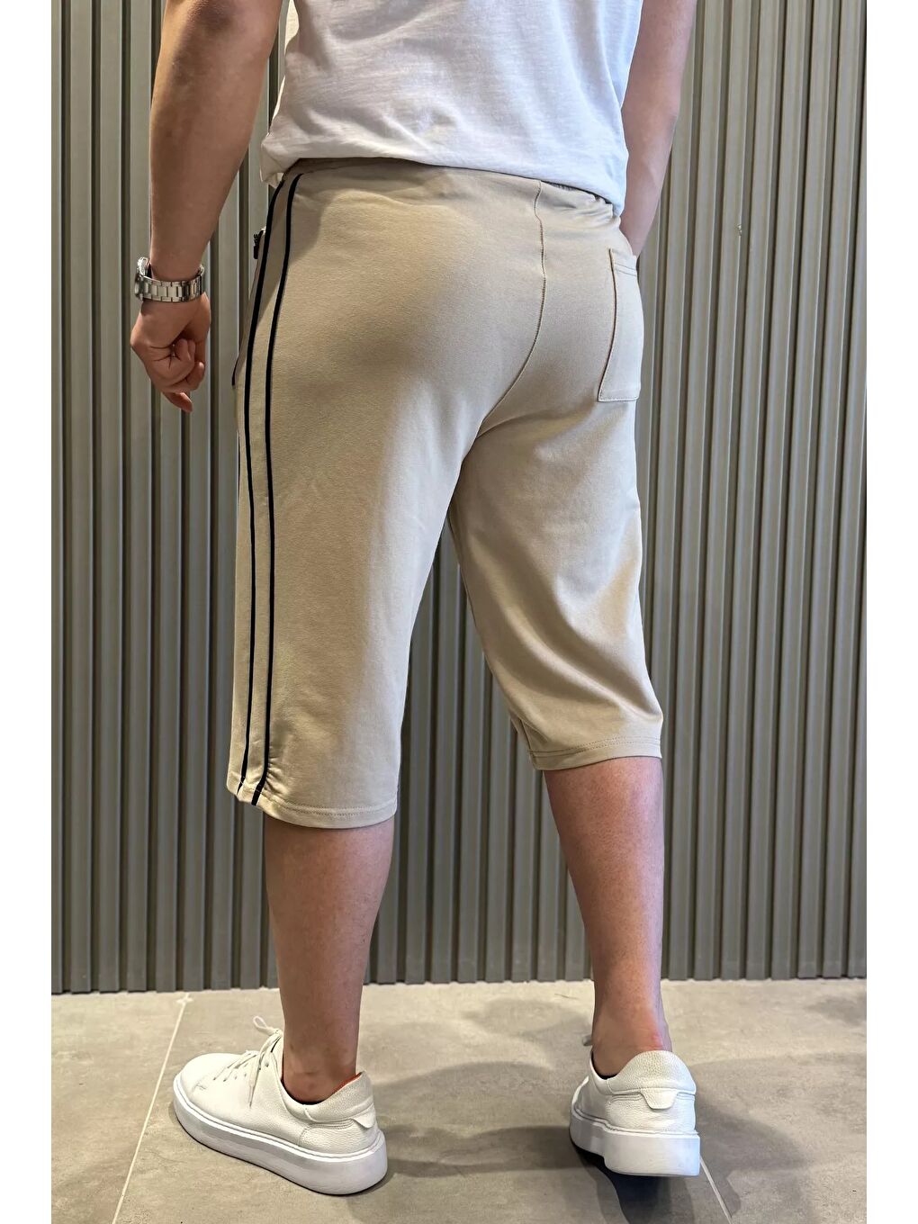 Bej Cep Fermuarlı Yan Şeritli Erkek Kapri-2