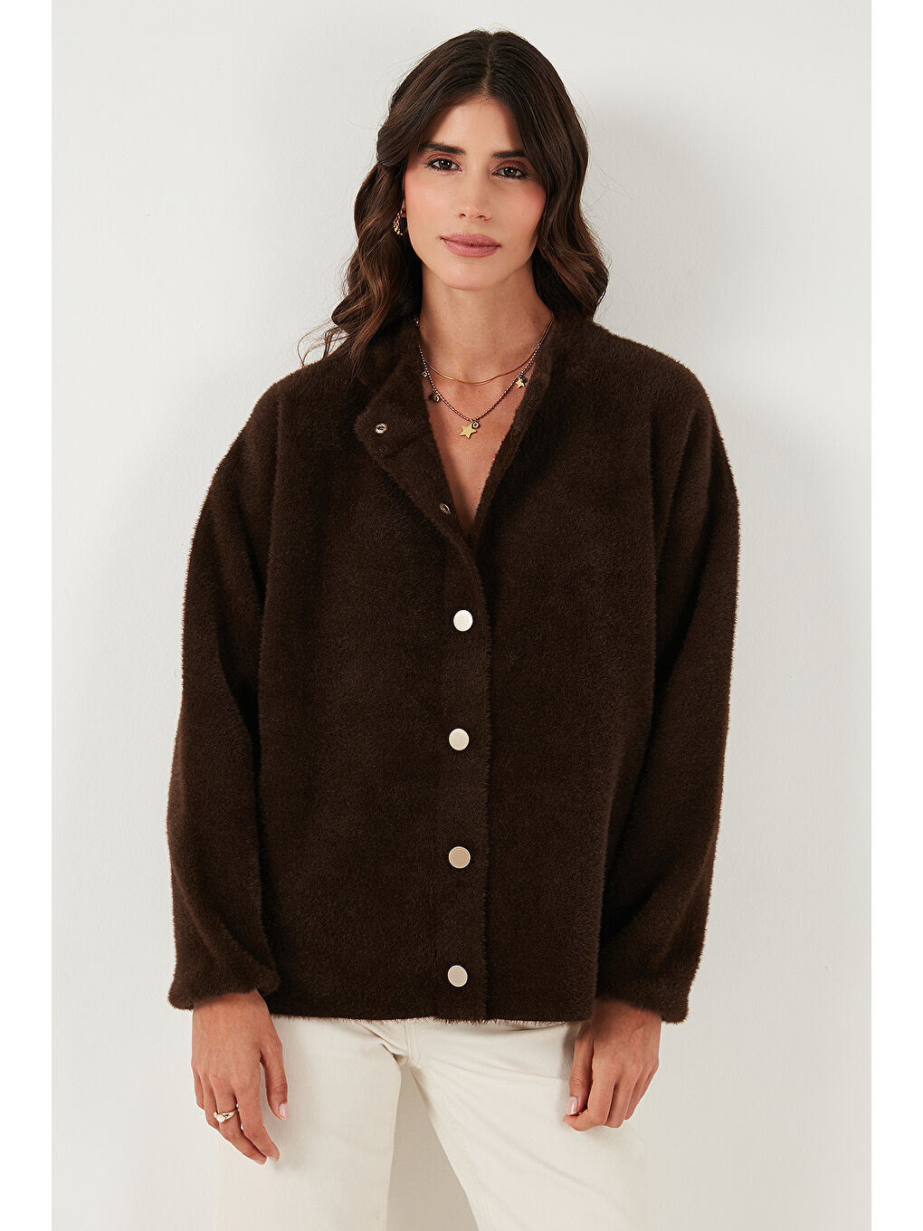 Kahverengi Yün Karışımlı Relaxed Fit Çıtçıt Düğmeli Hırka 4617021-5