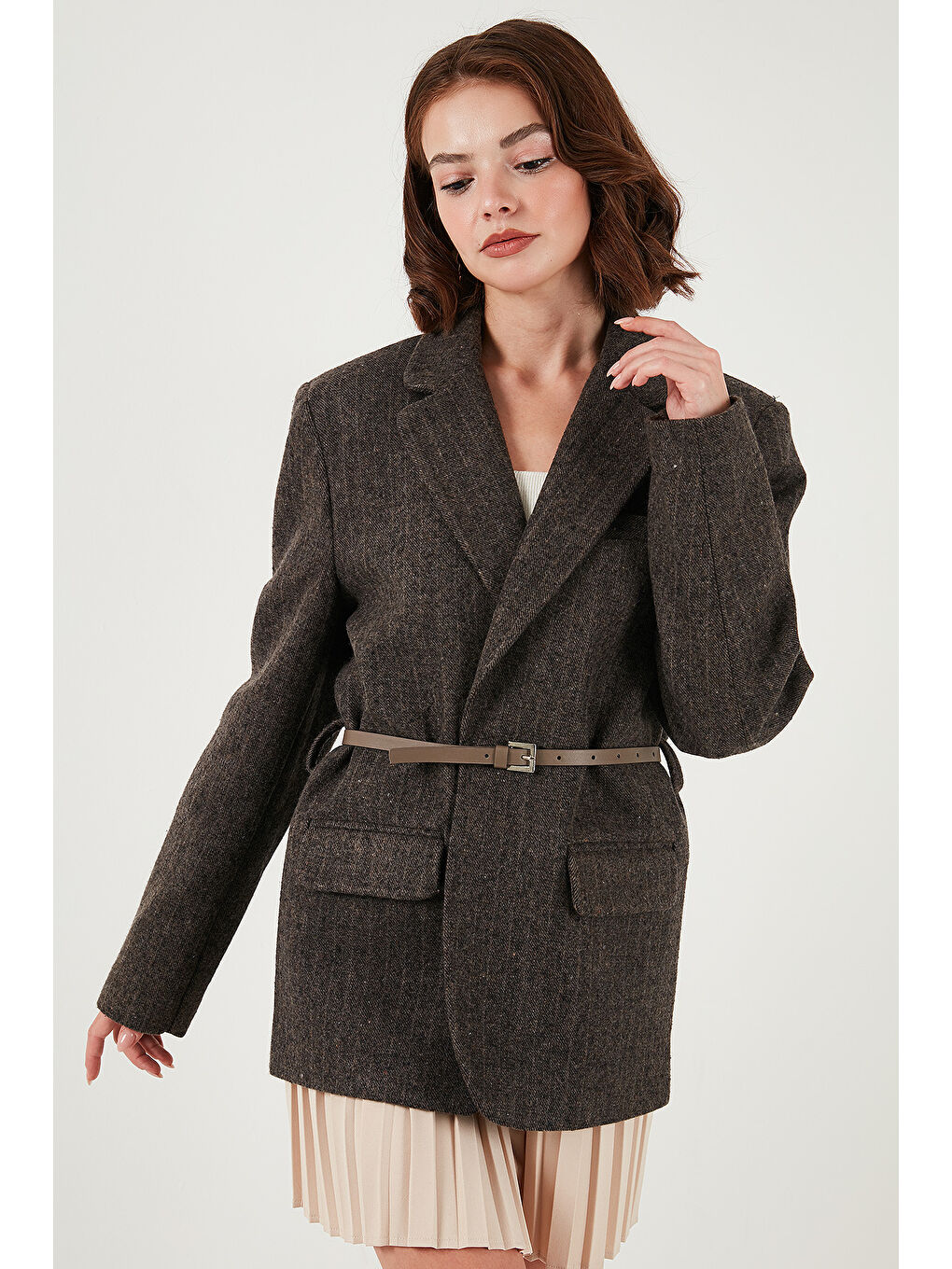 Bej Çizgili Yün Karışımlı Oversize Fit Kruvaze Yaka Kemerli Ceket 6839634-4