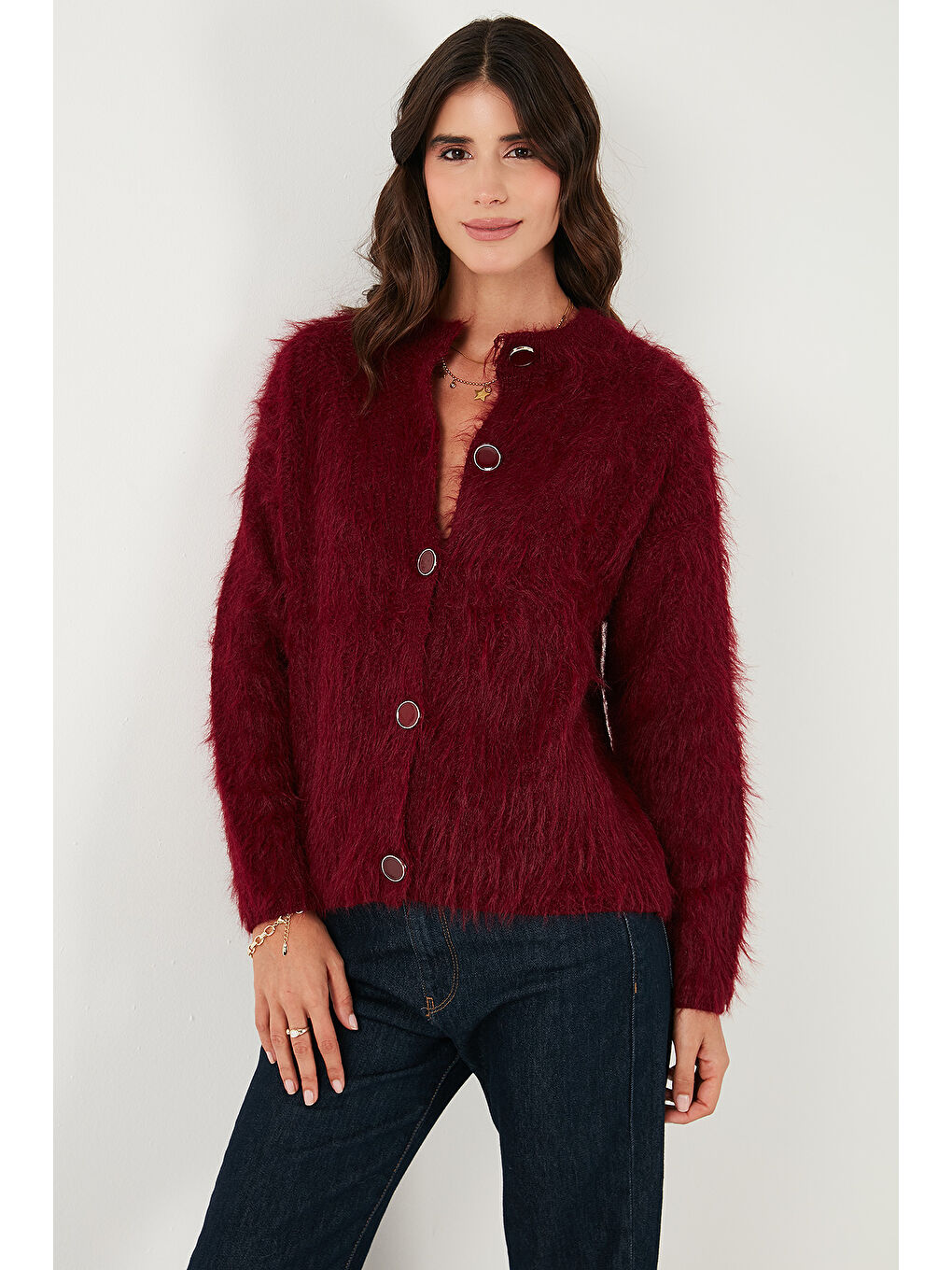 Bordo Yumuşak Tüylü Regular Fit Bisiklet Yaka Düğmeli Hırka 4617007-3