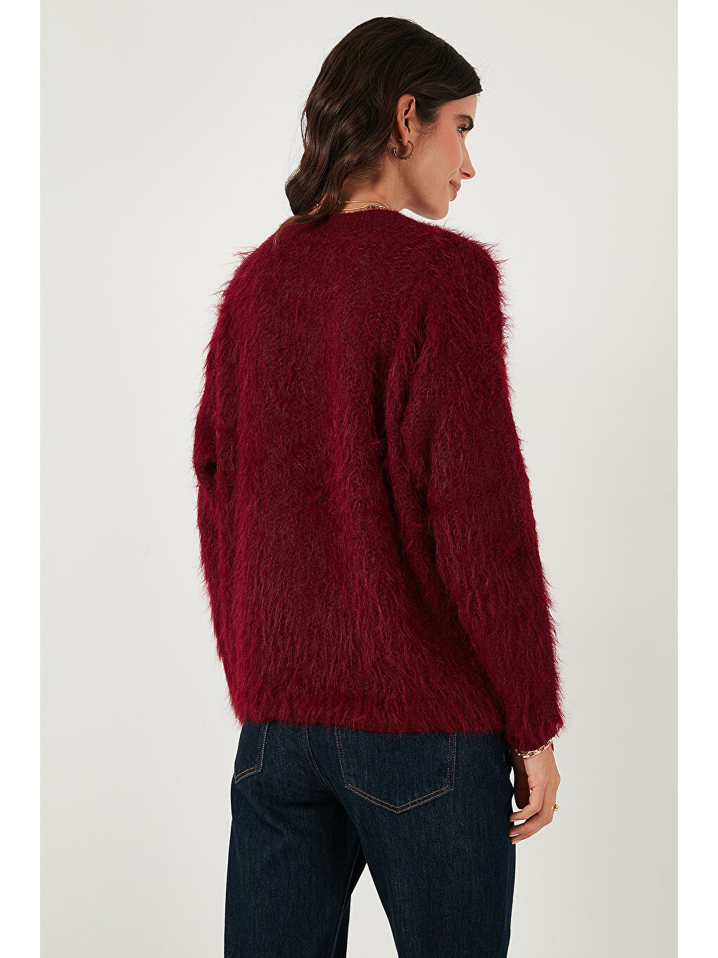 Bordo Yumuşak Tüylü Regular Fit Bisiklet Yaka Düğmeli Hırka 4617007-5