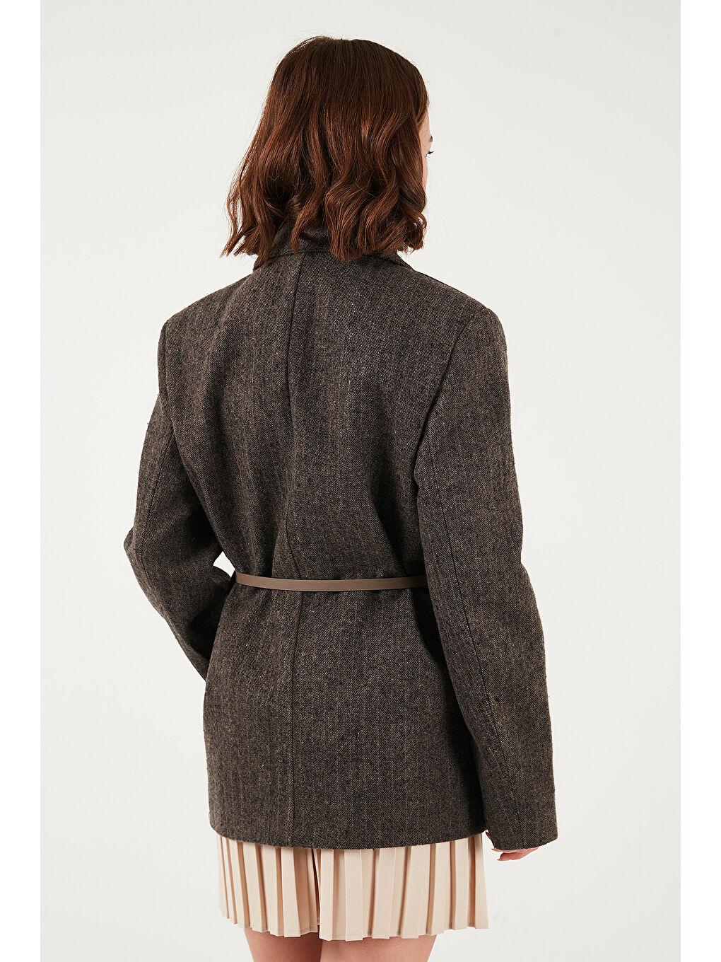 Bej Çizgili Yün Karışımlı Oversize Fit Kruvaze Yaka Kemerli Ceket 6839634-5