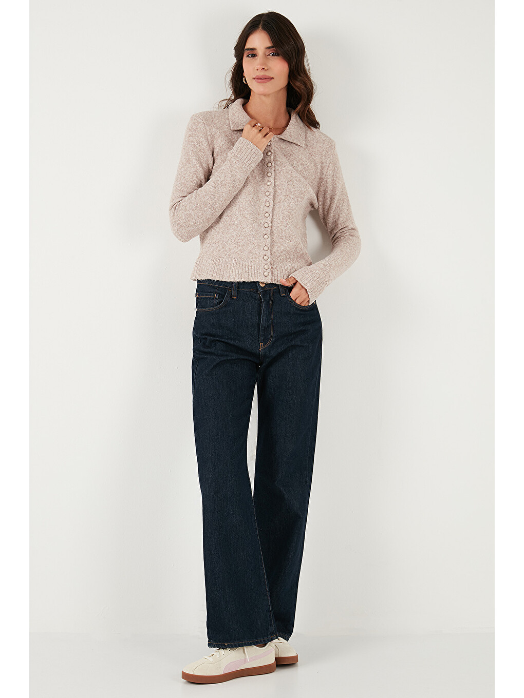Bej Yün Karışımlı Regular Fit Düğmeli Polo Yaka Hırka 4617013-1