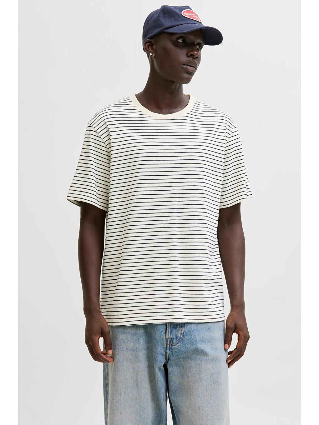 Ekru Essentials Jjedover Pamuklu Relaxed Fit Çizgili Tişört 12288015