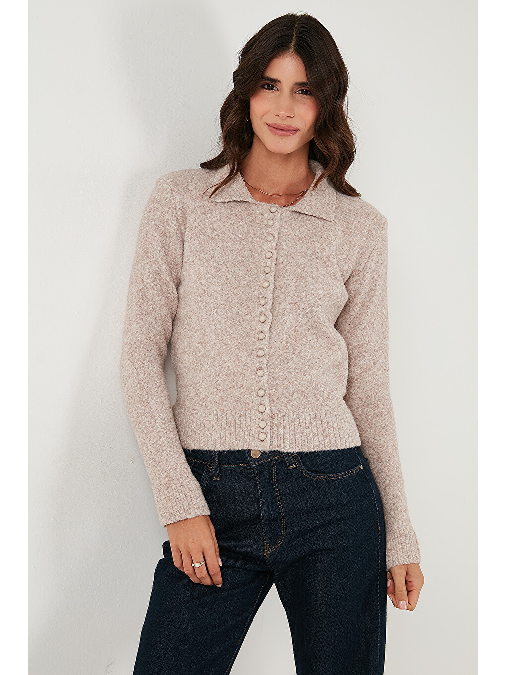 Bej Yün Karışımlı Regular Fit Düğmeli Polo Yaka Hırka 4617013-2