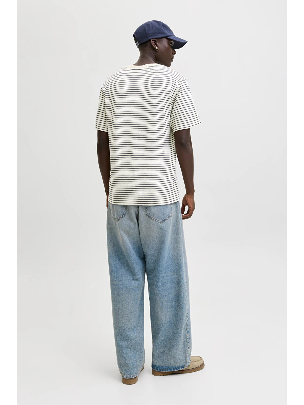 Ekru Essentials Jjedover Pamuklu Relaxed Fit Çizgili Tişört 12288015-3