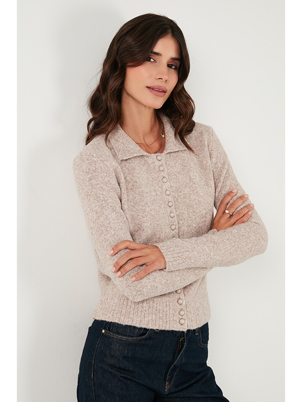 Bej Yün Karışımlı Regular Fit Düğmeli Polo Yaka Hırka 4617013-3
