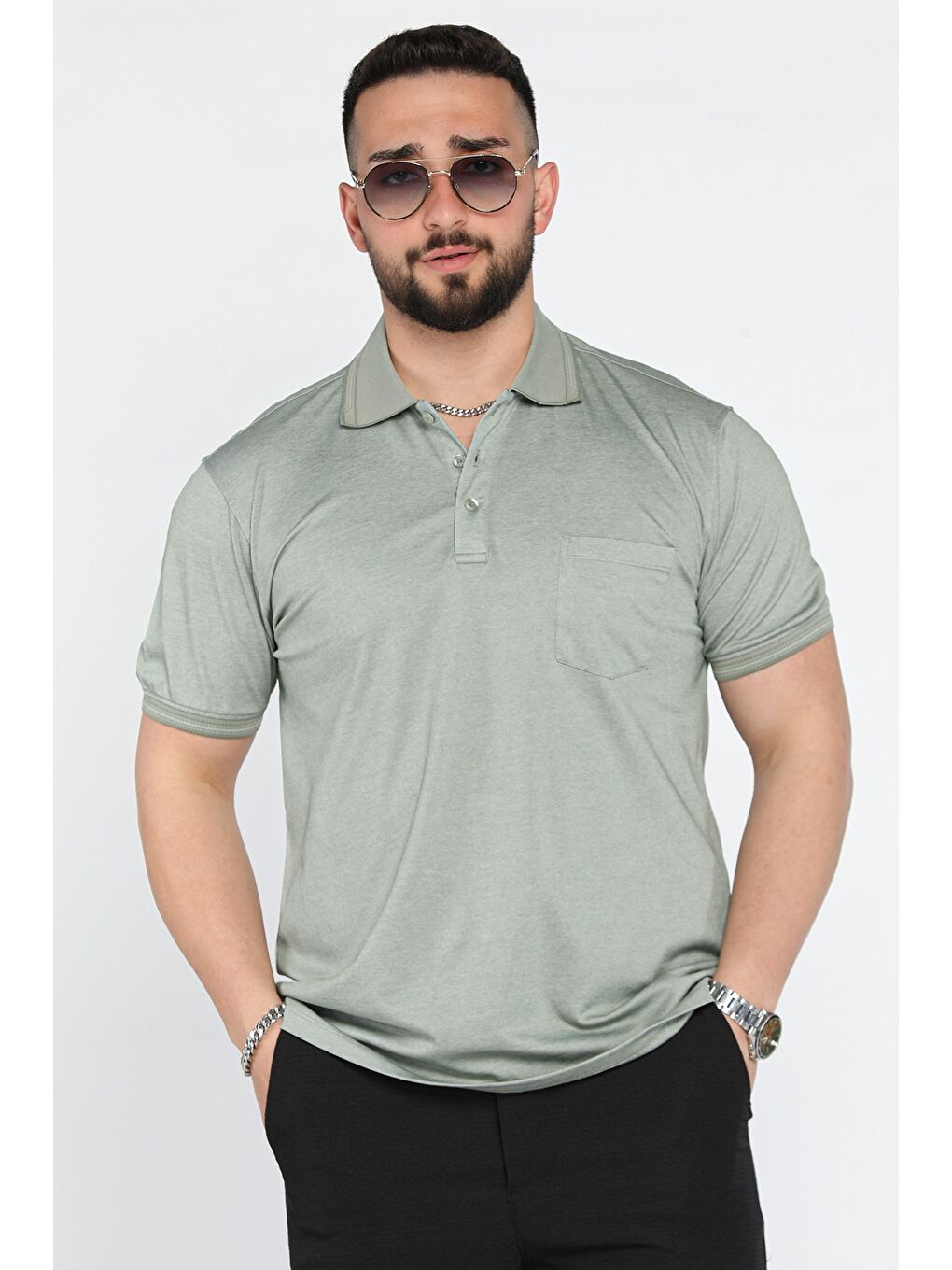 Haki Yarım Düğmeli Polo Yaka Cepli Erkek Tişört