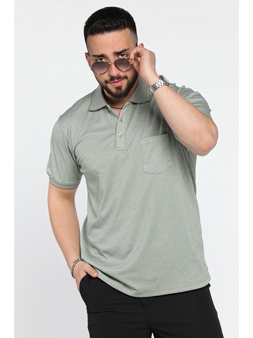 Haki Yarım Düğmeli Polo Yaka Cepli Erkek Tişört-1