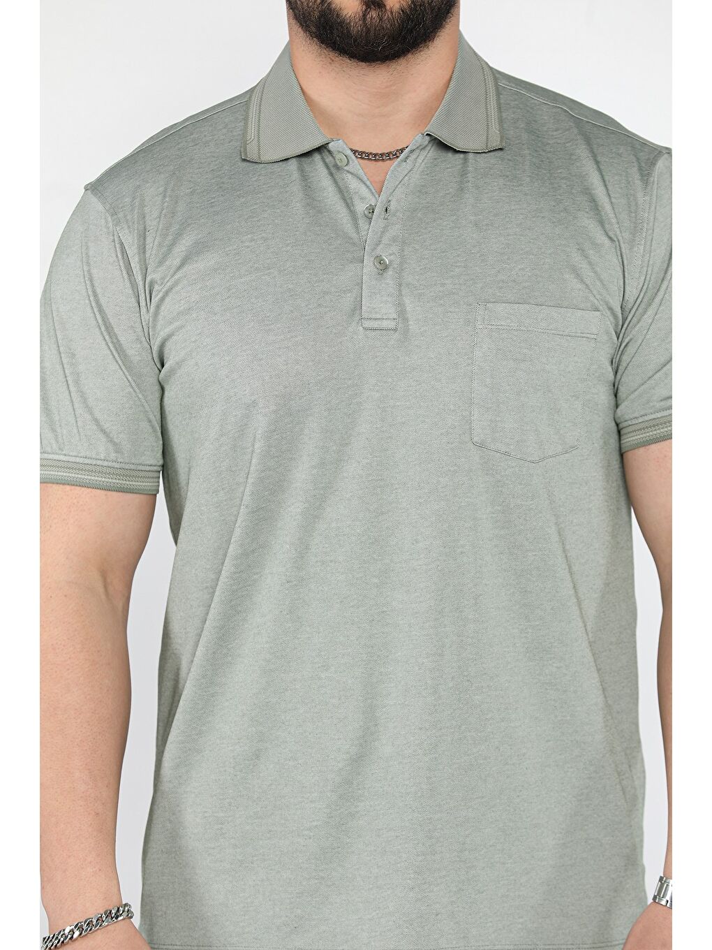 Haki Yarım Düğmeli Polo Yaka Cepli Erkek Tişört-3
