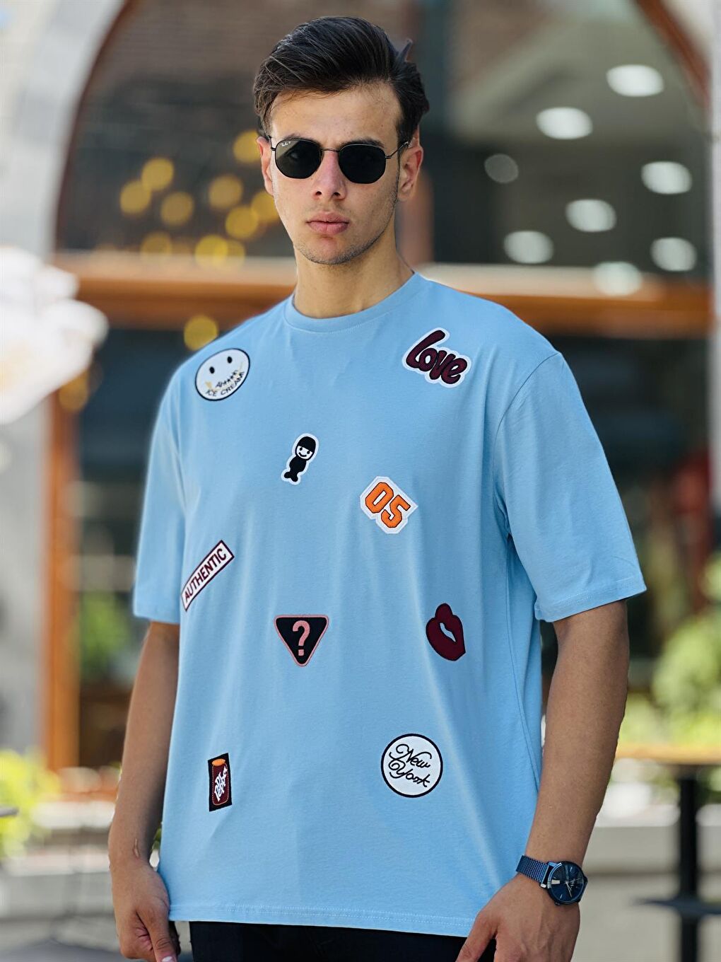 Emoji Nakışlı Kısa Kollu Tişört Oversize -Buz Mavisi- 2305