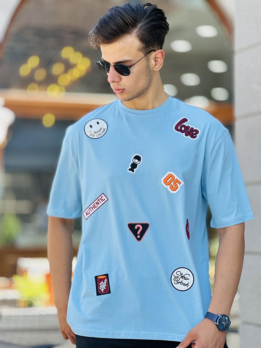 Emoji Nakışlı Kısa Kollu Tişört Oversize -Buz Mavisi- 2305-1