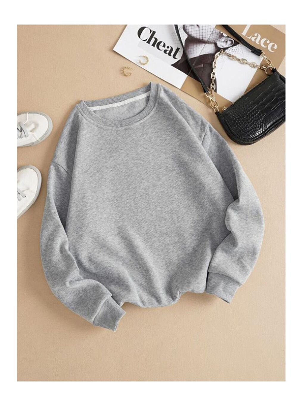 Trendseninle Gri Kadın GRİ Düz Bisiklet Yaka Sweatshirt