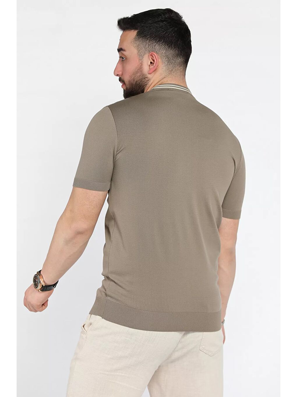 Bej Nakışlı Bisiklet Yaka Erkek Tişört-2