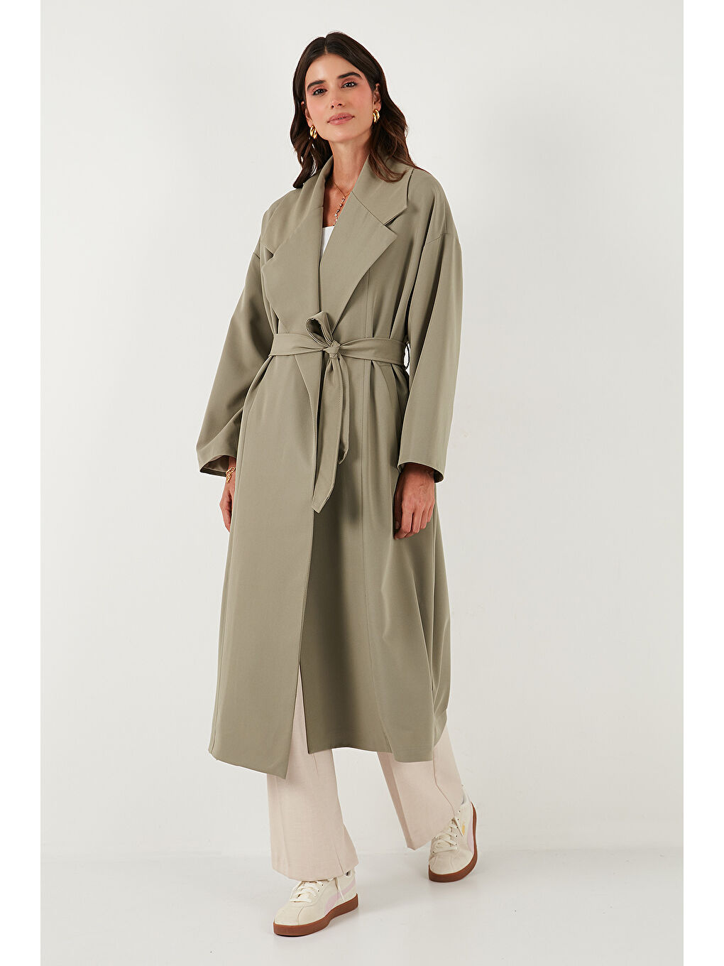 Haki Oversize Fit Kruvaze Yaka Kuşaklı Astarlı Trençkot 6839617